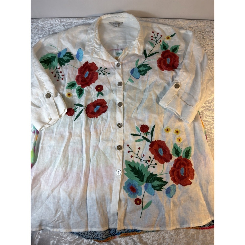 John Mark Linen Embroidered Floral Button Up Shirt L Boho Art To Wear